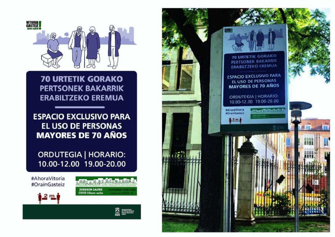 El Consistorio ha instalado unos paneles señalizando las zonas exclusivas para mayores de 70 años. 