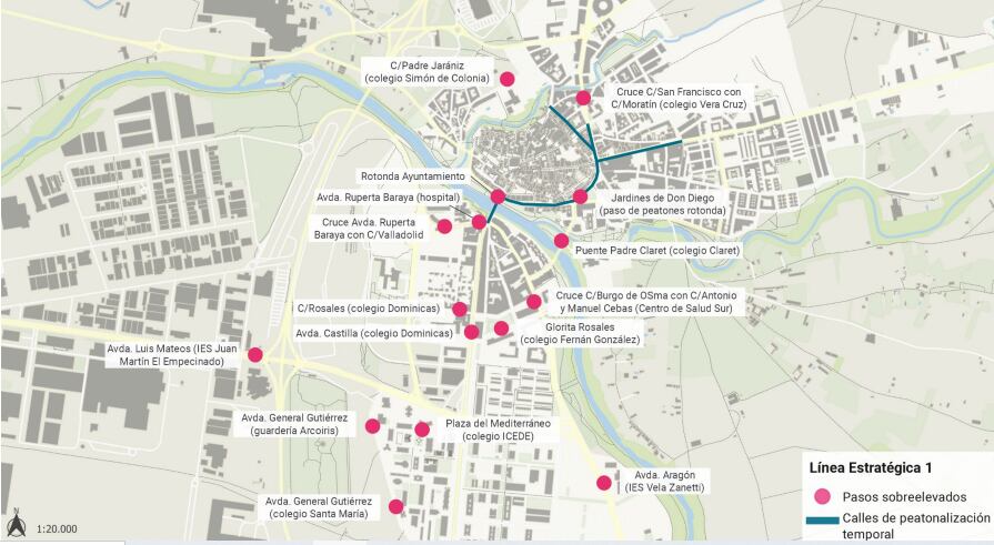 Mapa de los pasos sobreelevados del casco urbano de Aranda