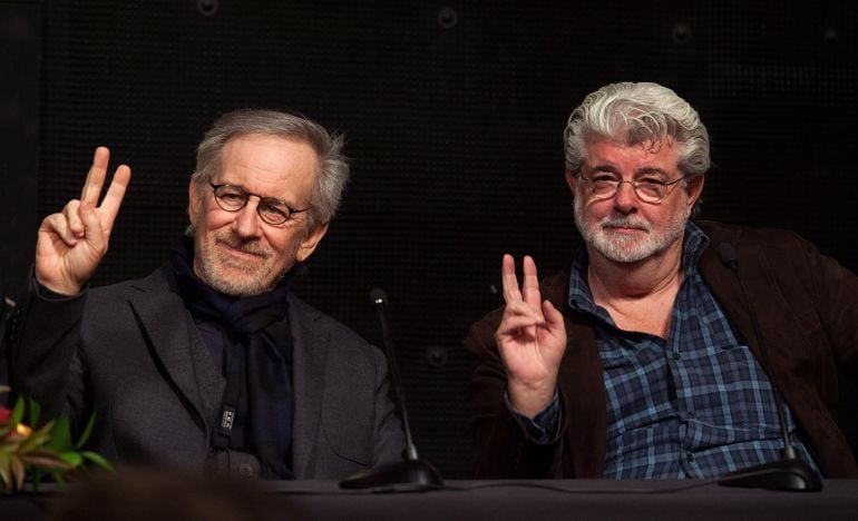 Spielberg y Lucas durante un encuentro cinematográfico en febrero de 2013