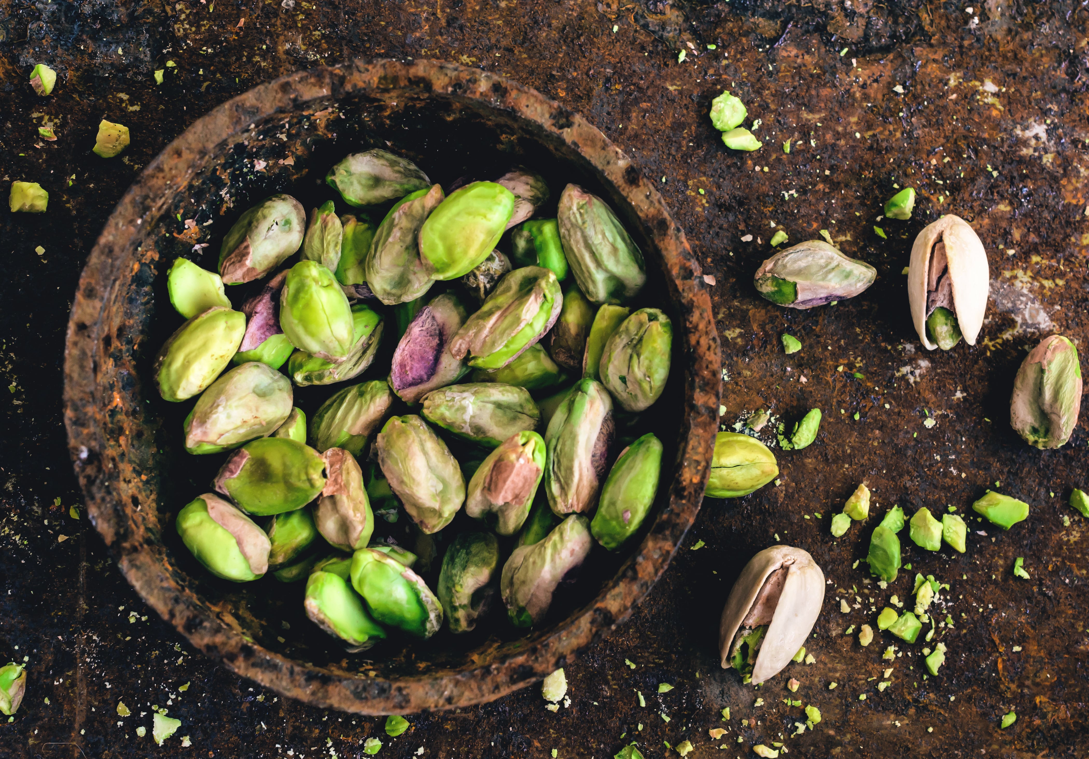 Pistachio nuts, high angle view