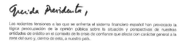 Con un &quot;Querida presidenta&quot; escrito a mano empieza la carta enviada por el gobernador del Banco de España al Congreso