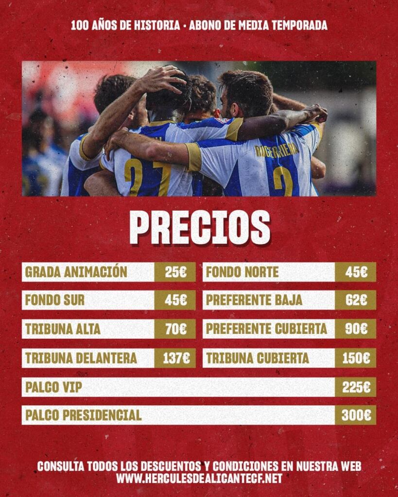 Precios de los abonos de media temporada (2022/23) del Hércules CF