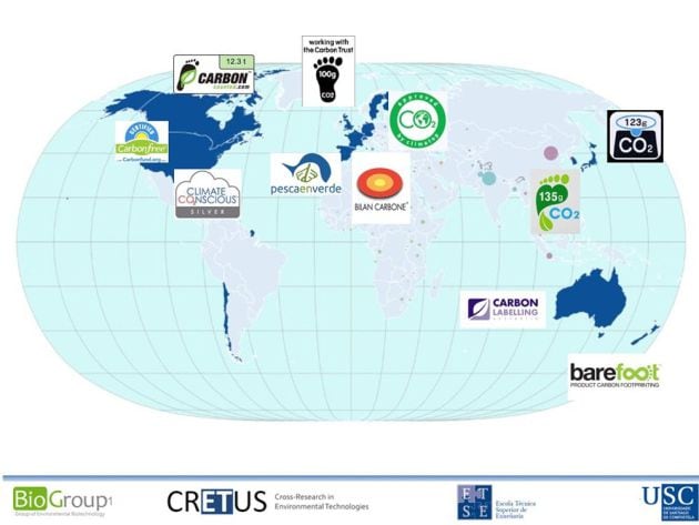 Figura 1. Ejemplo de algunas ecoetiquetas relacionadas con la huella de carbono que se aplican en el ámbito de la alimentación. En azul oscuro algunos de los países con implantación de ecoetiquetas de huella e carbono en el ámbito de la alimentación.