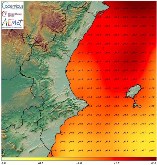 Anomalía de la temperatura superficial del agua del mar. Verano climático 2020 con respecto al promedio 1981-2010