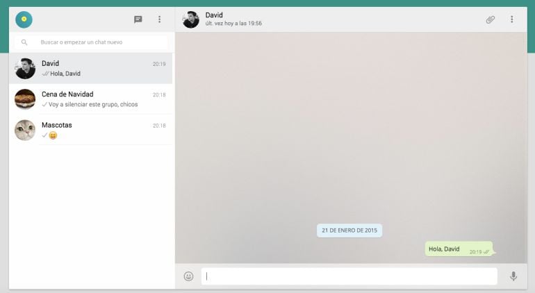 Captura de pantalla de la interfaz web de WhatsApp, que permite responder mensajes desde el ordenador, utilizar grupos o descargar fotos