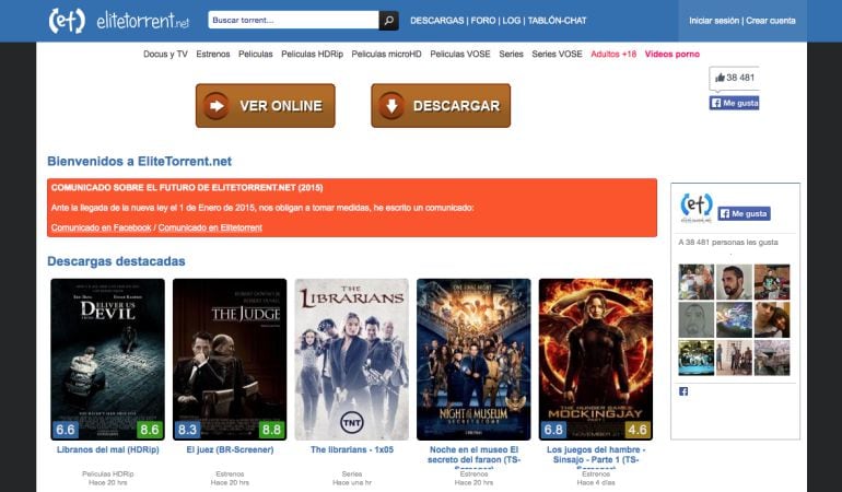 Captura de pantalla del sitio ‘Elitetorrent’ antes de la eliminación de los contenidos