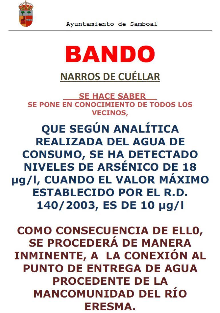 Bando en el que Ayuntamiento de Samboal indica que existen niveles superiores de arsénico en el agua