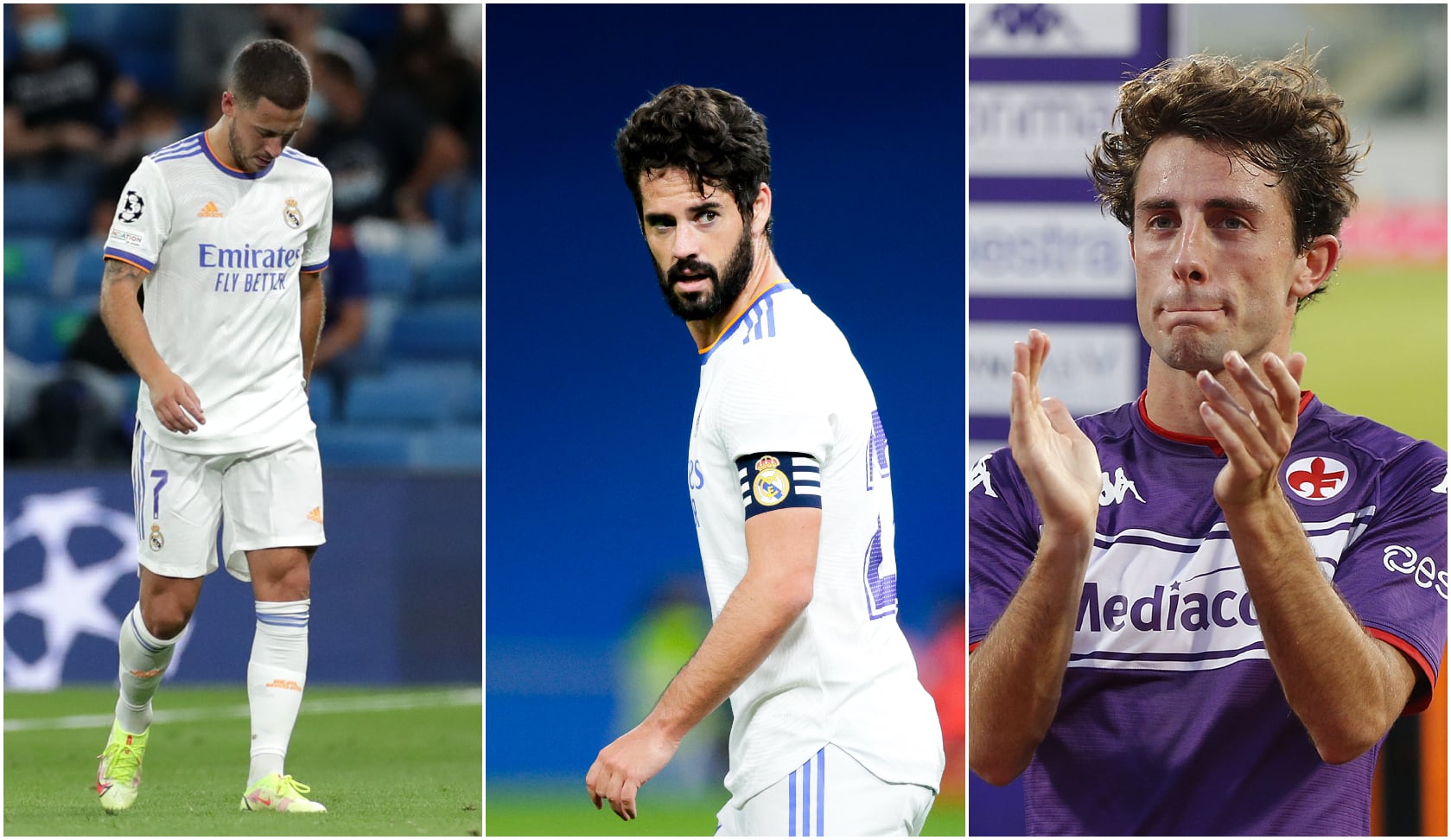 De izquierda a derecha, Hazard e Isco con el Real Madrid y Odriozola con la Fiorentina