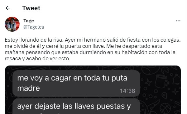 La conversación del joven que contó que su hermano durmió fuera tras dejarse pasar la llave