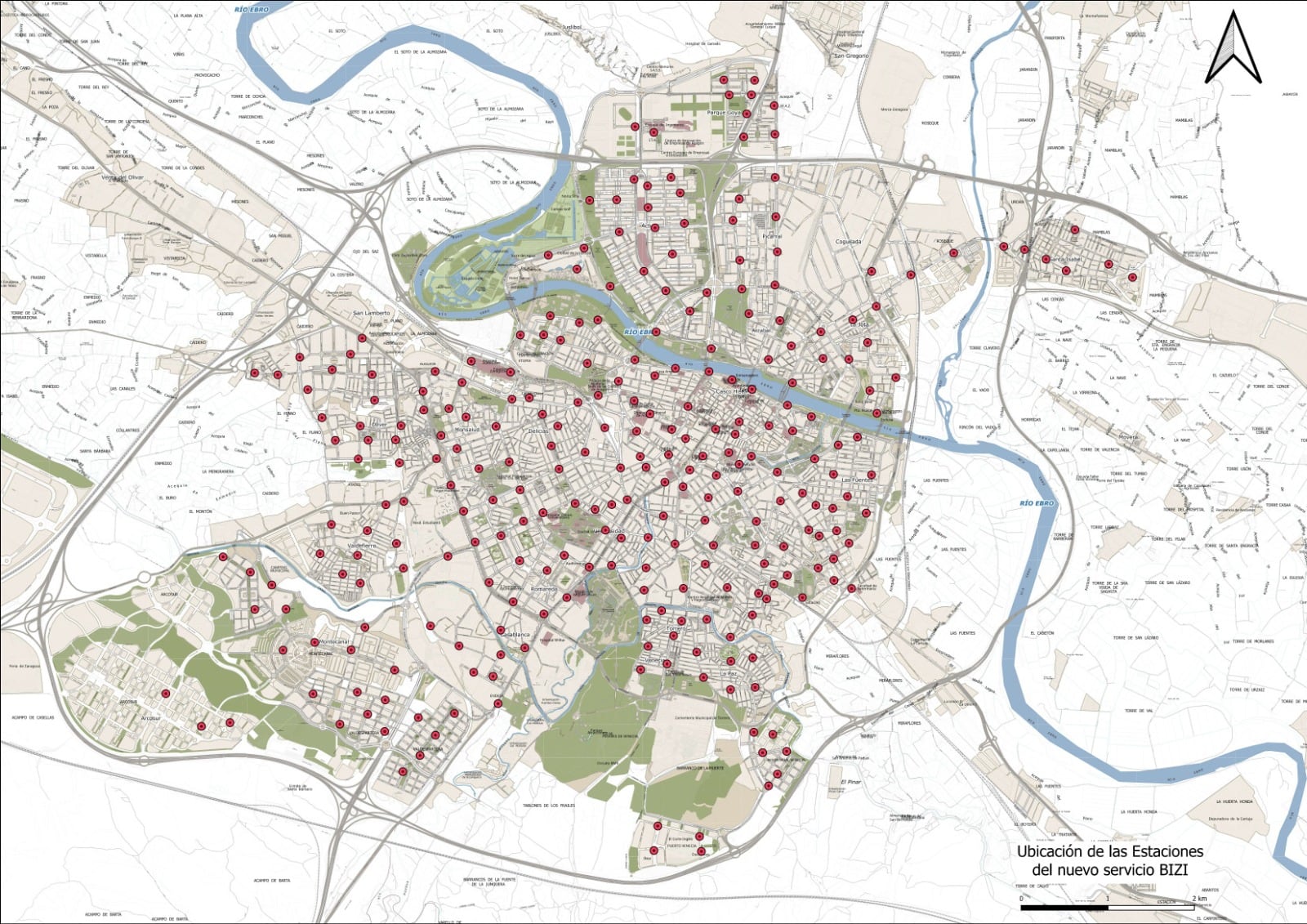 Ubicación de las estaciones de nuevo servicio Bizi de Zaragoza