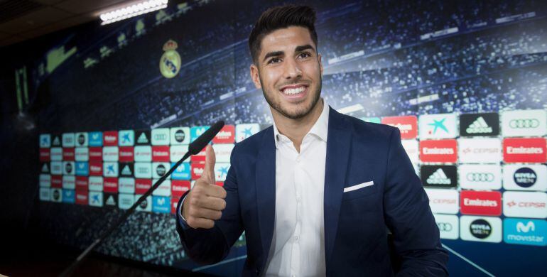 Marco Asensio, en la rueda de prensa que ha ofrecido después de renovar su contrato con el Real Madrid.