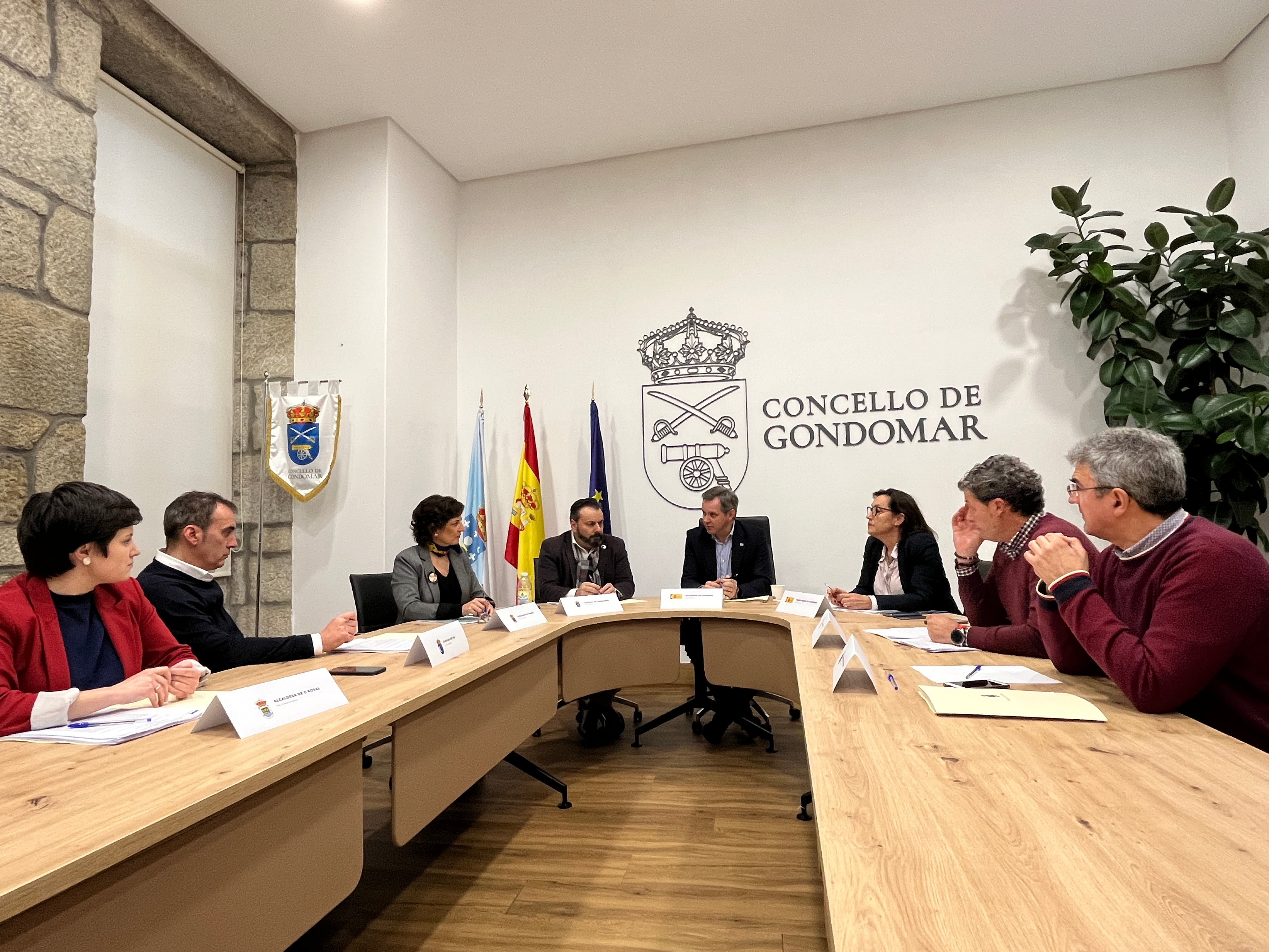 El delegado del Gobierno, José Miñones (centro), junto a alcaldes y alcaldesas del Baixo Miño y el Val Miñor, y la subdelegada del Gobierno en Pontevedra.