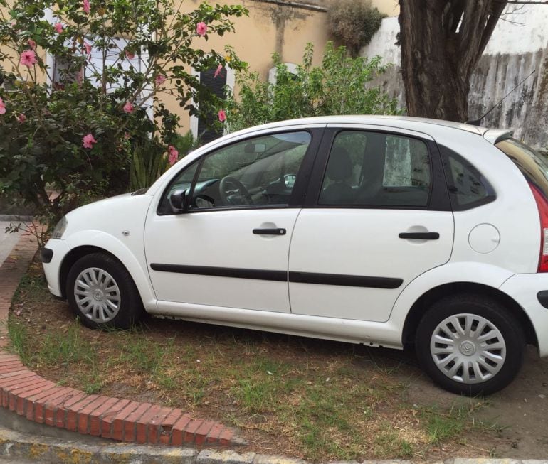Un vehículo estacionado en zona ajardinada del patio de las dependencias municipales de Calle Sevilla.