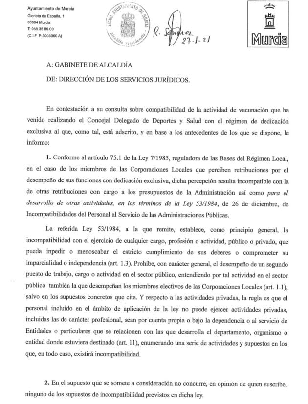 Infome de los Servicios Jurídicos del Ayuntamiento de Murcia referido a la compatibilidad del cargo del concejal Coello con su participación en la campaña de vacunación contra la covid