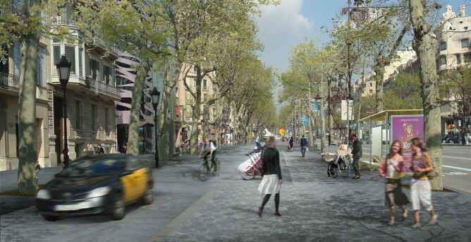 Una imatge virtual de la reforma del Passeig de Gràcia, amb ampliació de voreres i desaparició de places d&#039;aparcament