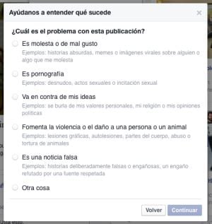 Opciones de denuncia en Facebook