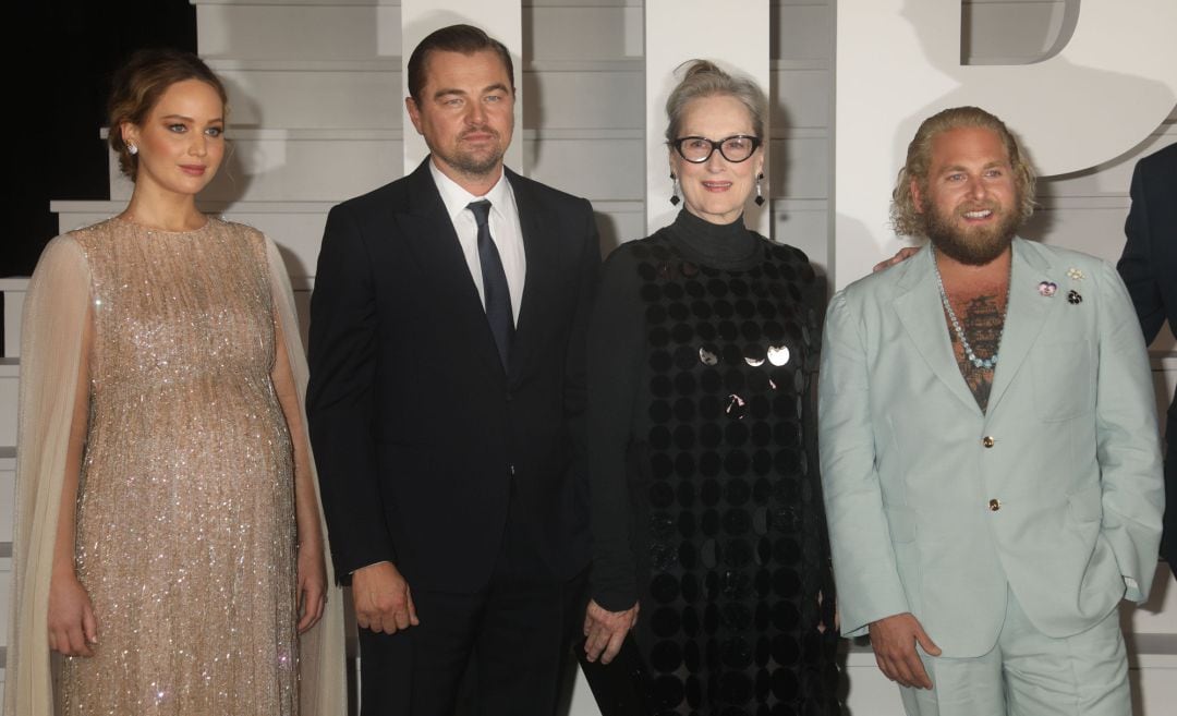 American actors Jennifer Lawrence, Leonardo Dicaprio, Meryl Streep and Jonah Hill arrive on the red carpet at the world premiere of Netflix&#039;s &quot;Don&#039;t Look Up&quot; at Lincoln Center