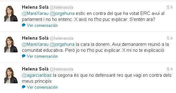 Les piulades d'Helena Solà on critica la votació del seu partit, ERC, al Parlament