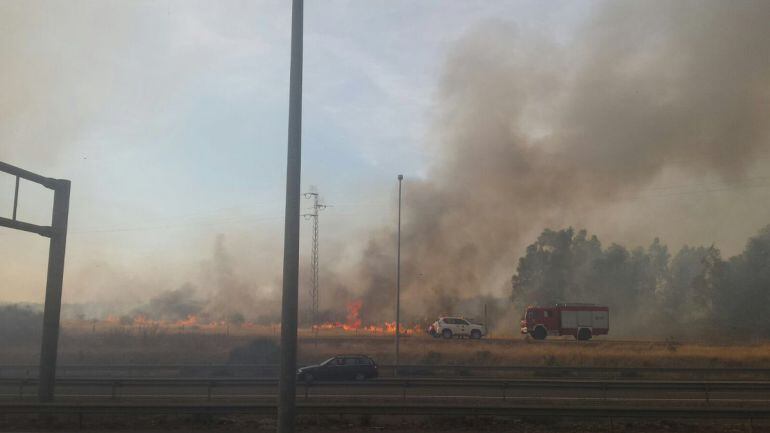 Numerosos efectivos de Badajoz, Olivenza y Puebla de la Calzada trabajaron en las labores de extinción del incendio en la frontera