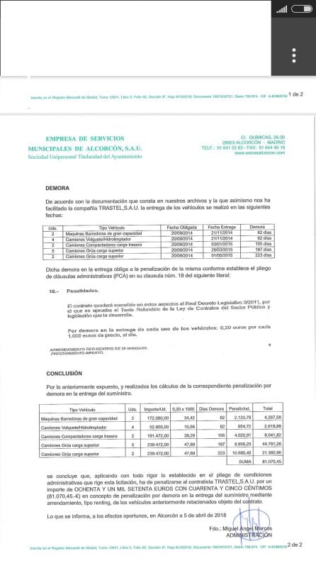 Informe en relación con la apertura de expediente de imposición de penalidades a la empresa Transtel