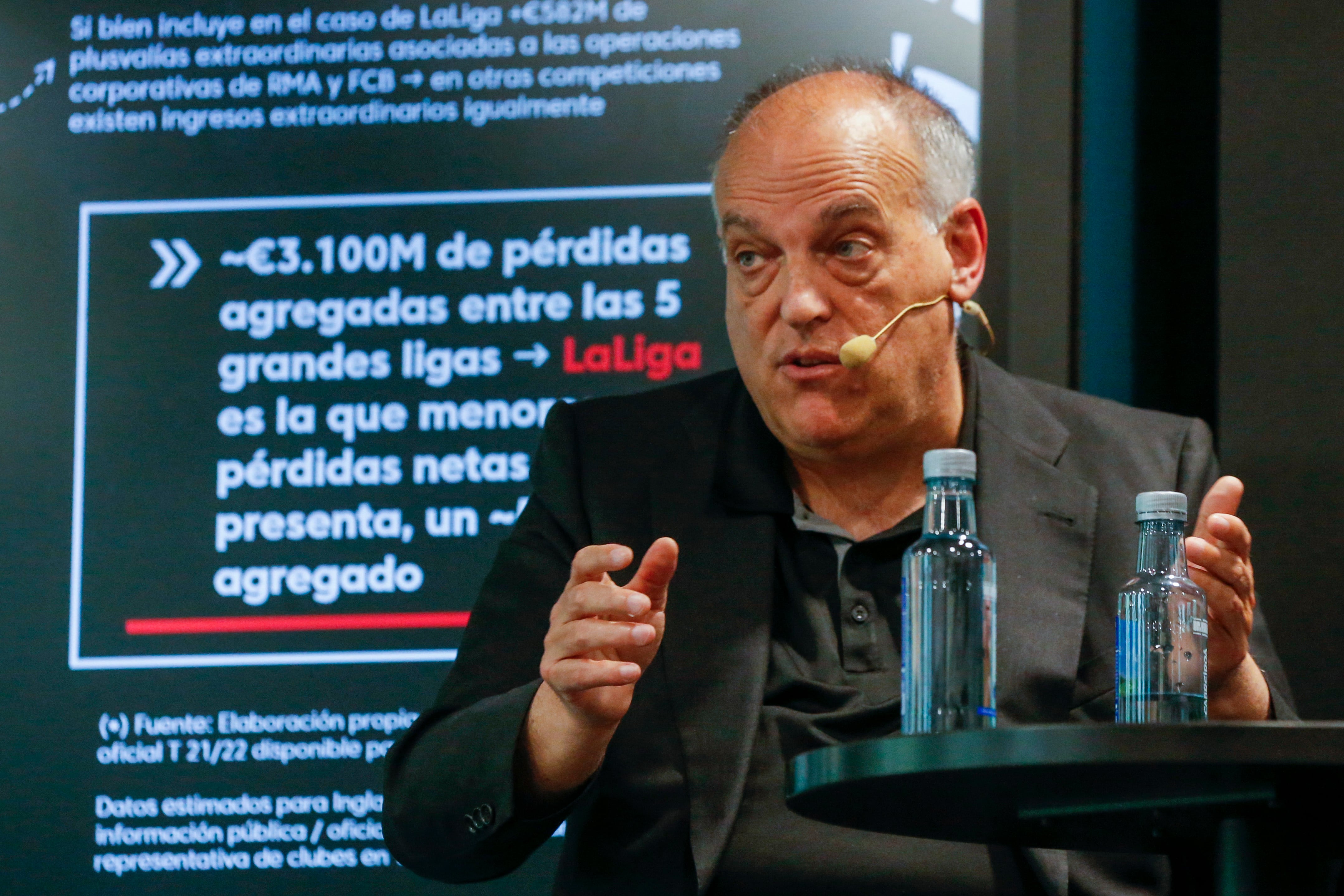 Javier Tebas durante la presentación del Informe Económico anual del campeonato 2021-2022