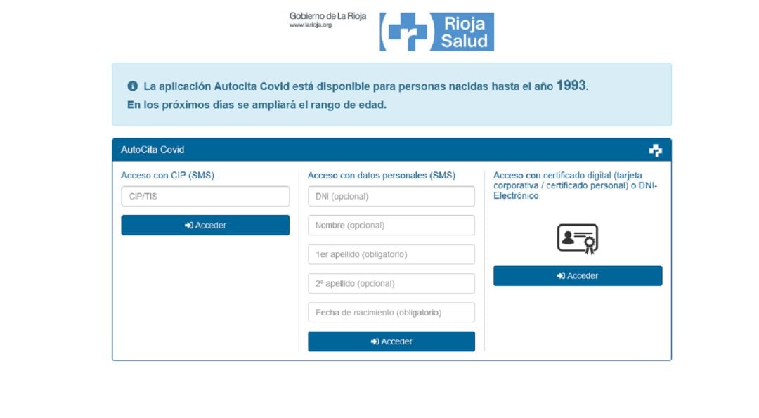 Pagina web de la autocita Covid.