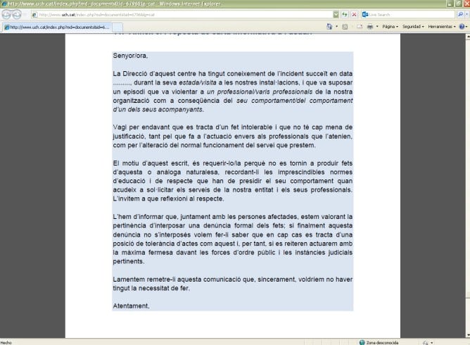 El model de carta que la Unió catalana d&#039;Hospitals posa a l&#039;abast dels professionals sanitaris per advertir als agressors que seran denunciats