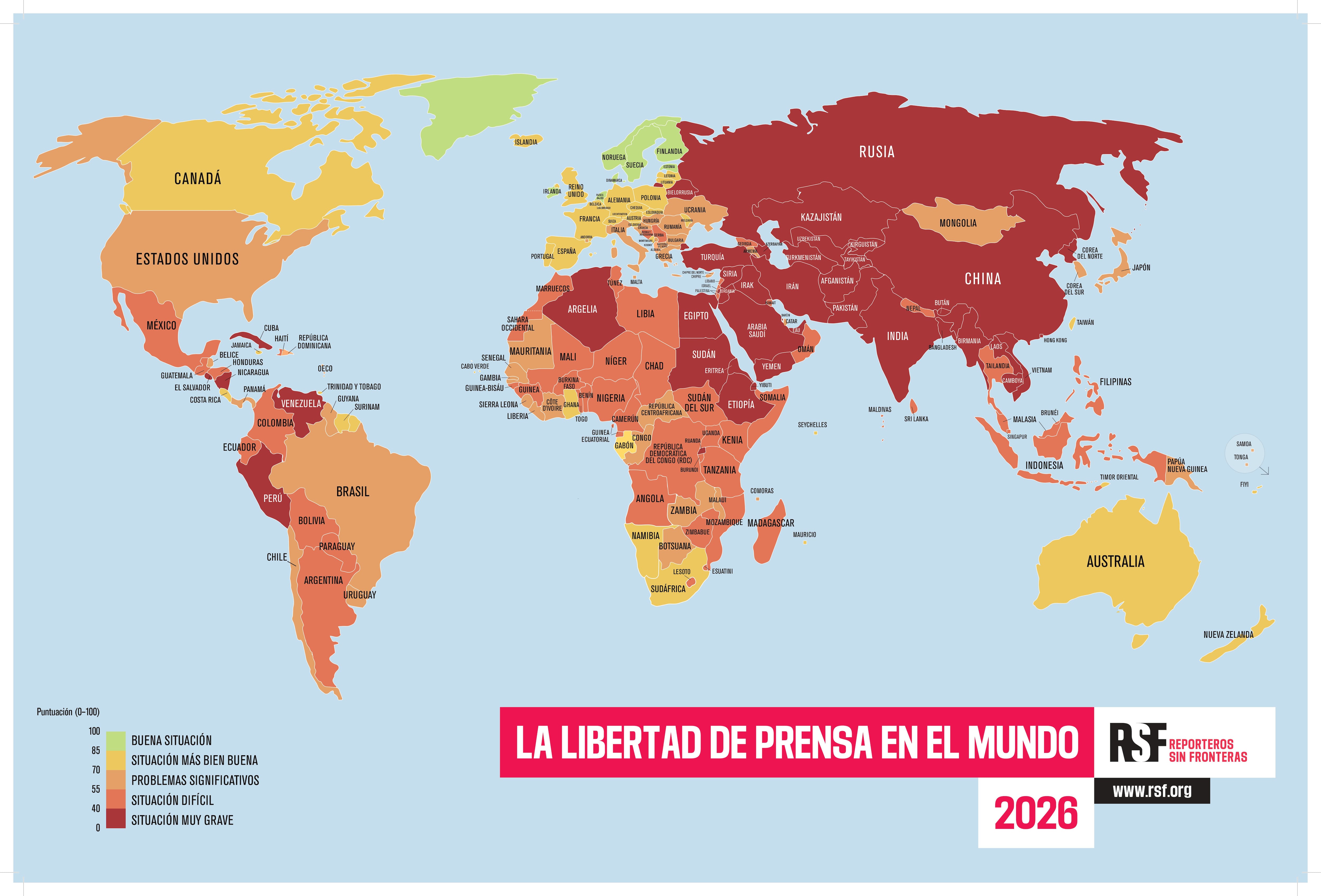 Mapa de Libertad de prensa en el mundo en 2026