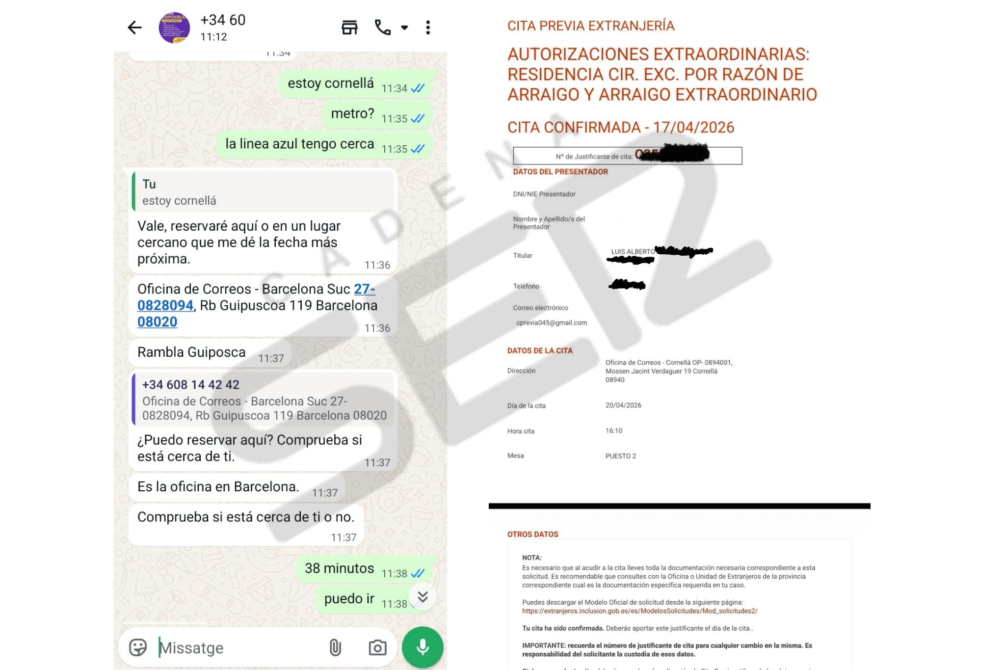 Caputas de pantalla del proceso para comprar la cita previa, con un resguardo incluído enviado por el estafador. 