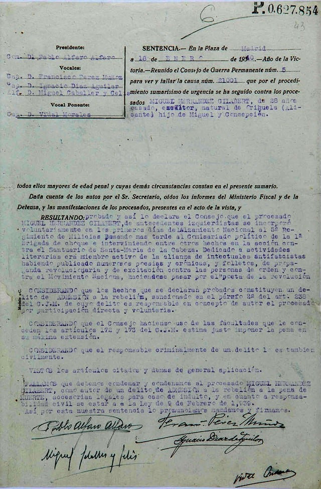 Sentencia que condenó a muerte a Miguel Hernández