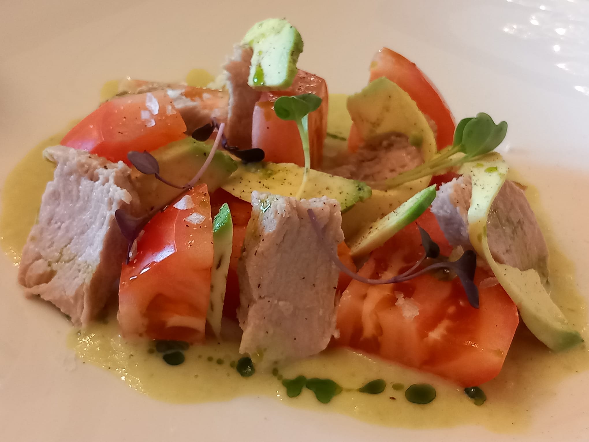 Tomates de Conil con atún escabechado, licuado de lechuga y aguacate