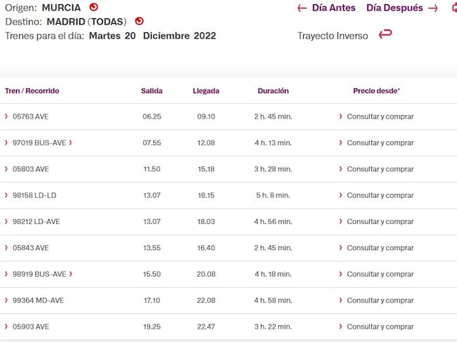 Tabla de horarios entre Murcia y Madrid para el próximo martes