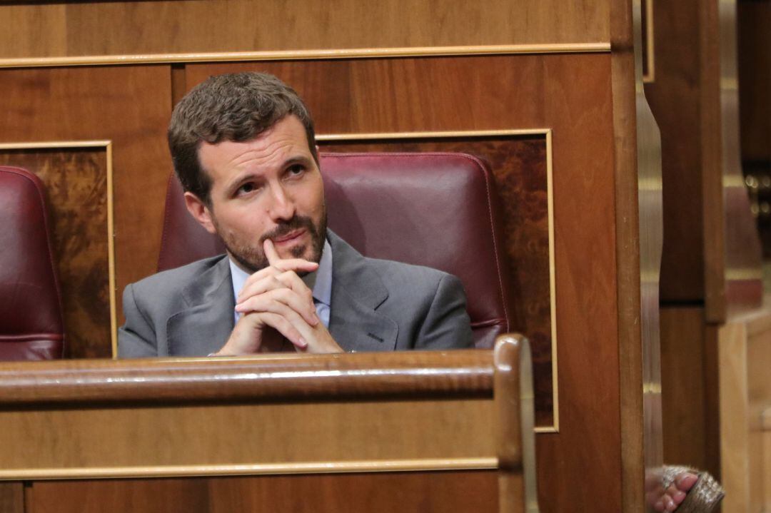 El presidente del PP, Pablo Casado, durante el Pleno extraordinario en el Congreso para tratar la gestión del &#039;Open Arms&#039;. 