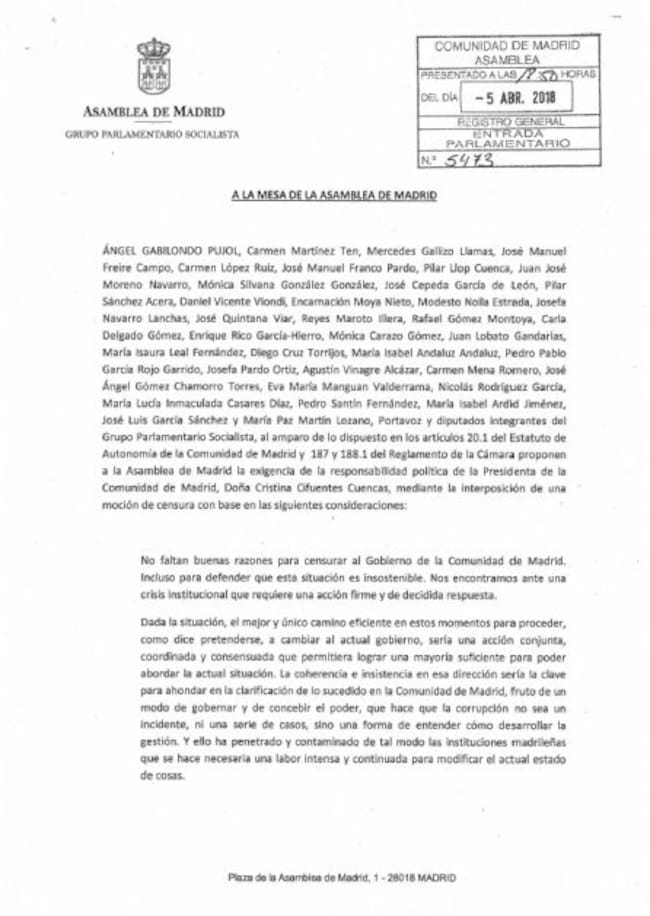 Moción de censura del PSOE en la Asamblea de Madrid.