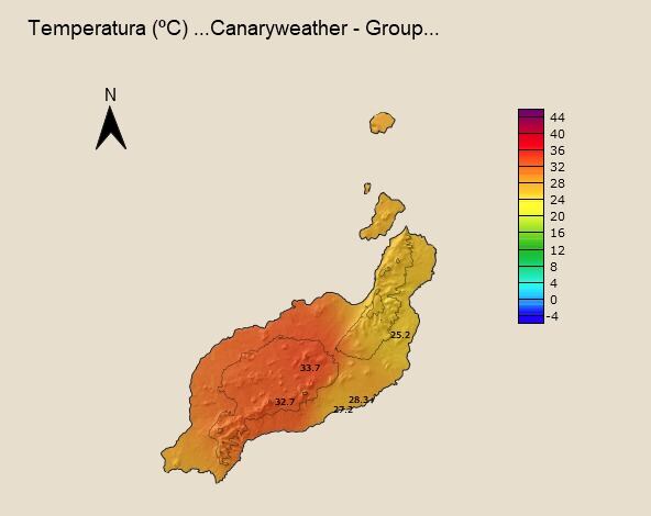 Temperaturas en Lanzarote y La Graciosa a las 13:54 del miércoles 4 de octubre.