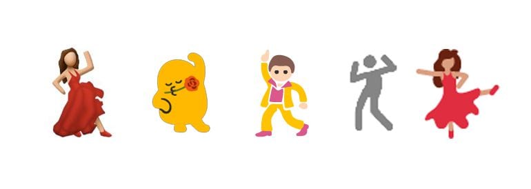 El ‘emoji’ de bailarín o bailarina varía en Apple, Android, Windows y Twitter (de izquierda a derecha)