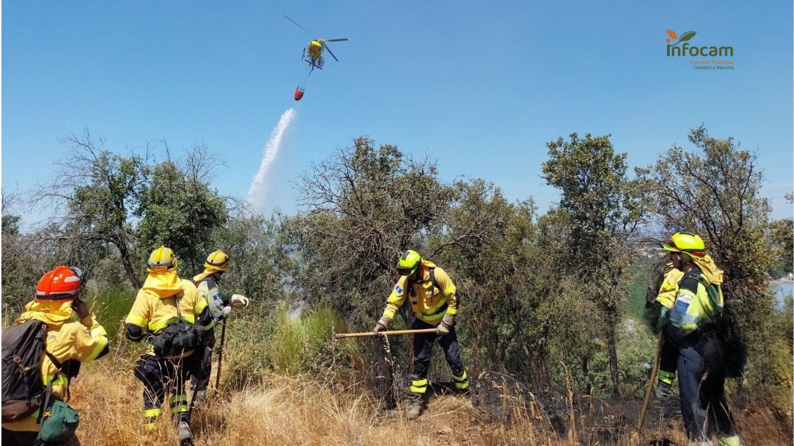 Efectivos y medios aéreos de Infocam trabajan en la extinción de un incendio en Cazalegas (Toledo).Imagen archivo. 