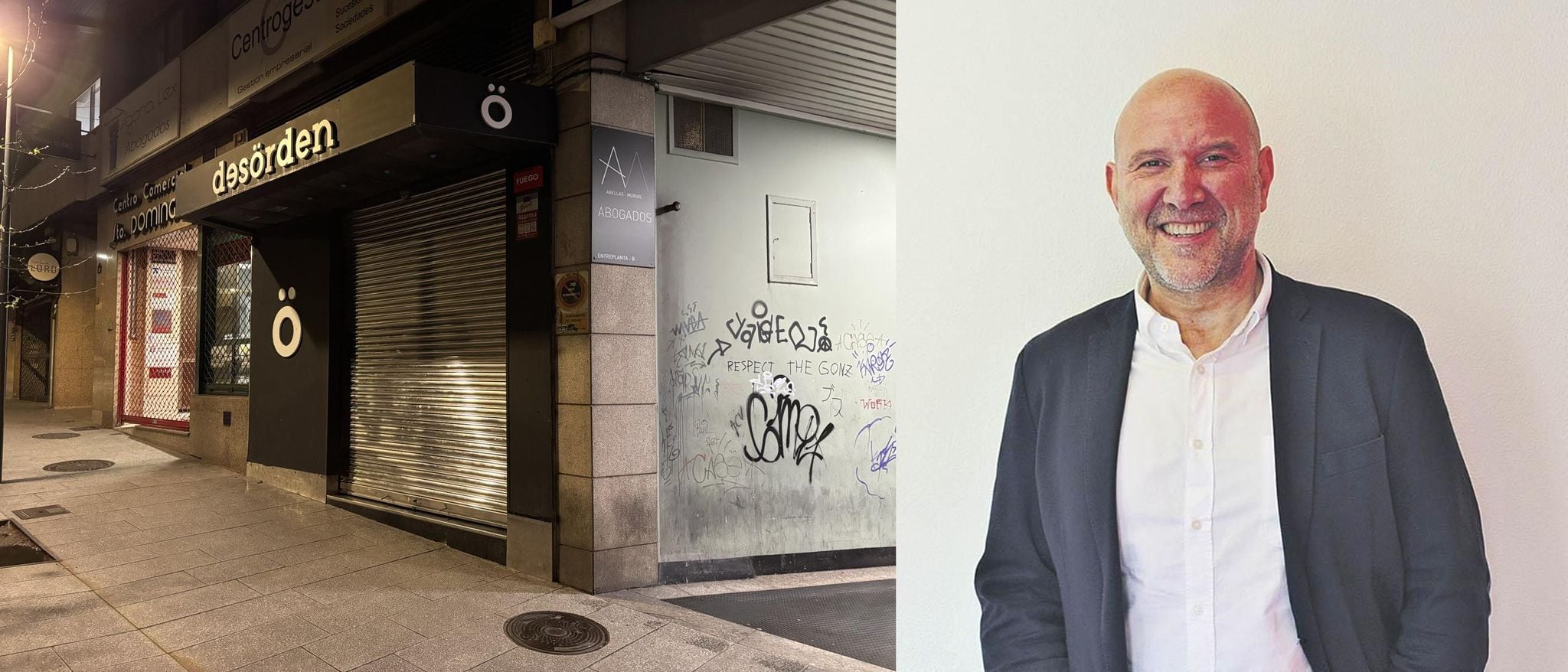 En la imagen la entrada de la discoteca 'Desorden' y el TAG, Bienvenido Fernández