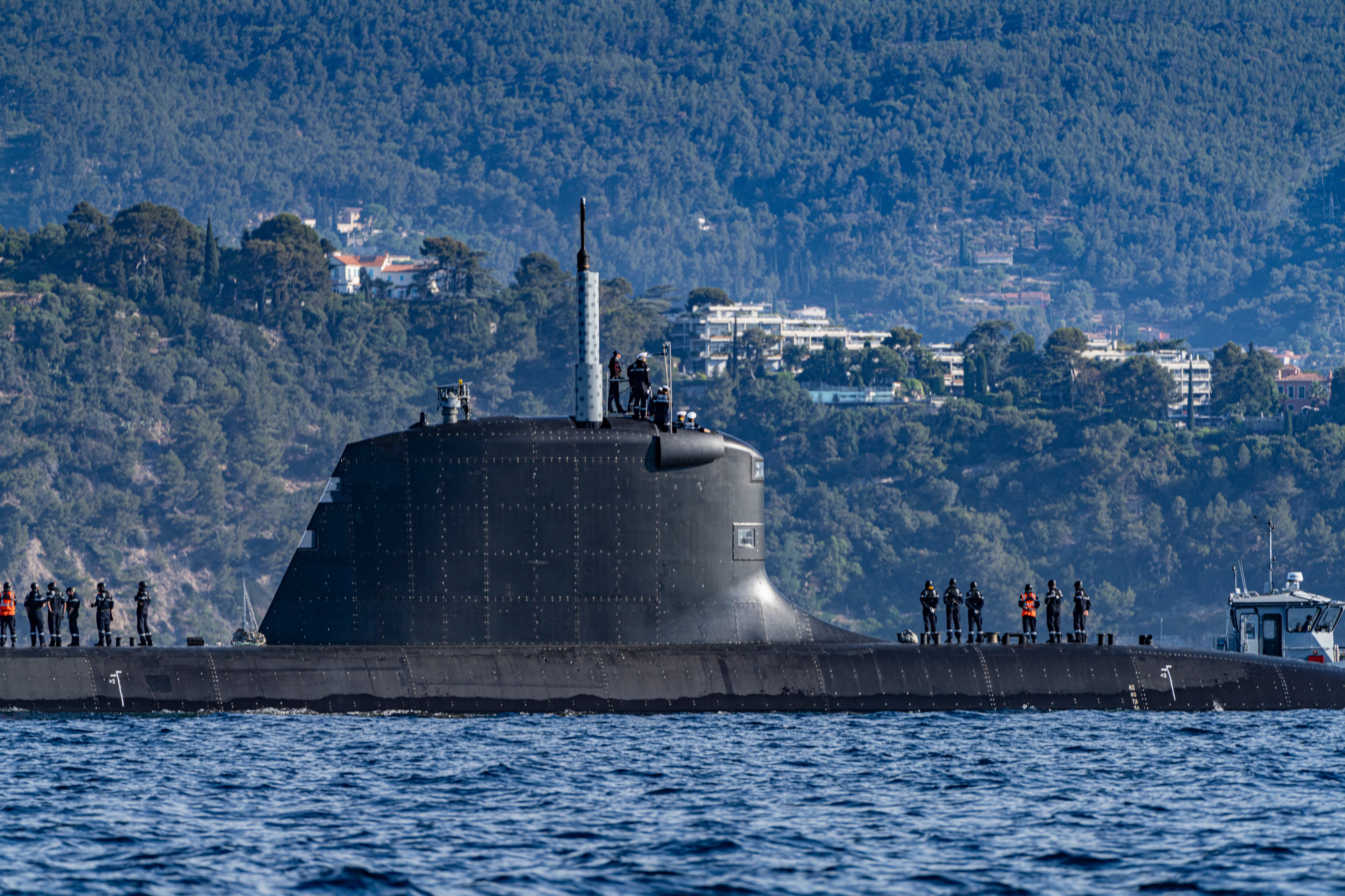 TOULON, FRANCE - JULY 6: The submarine’s silhouette on July 6, 2021 in Toulon, France. The Suffren is France’s latest nuclear-powered attack submarine, part of the Barracuda class. It has deep-strike cruise missiles, advanced stealth, and special forces capability. Designed for versatility and discretion, it is built to operate effectively across a wide range of missions.  (Photo by Alexis Rosenfeld/Getty Images)