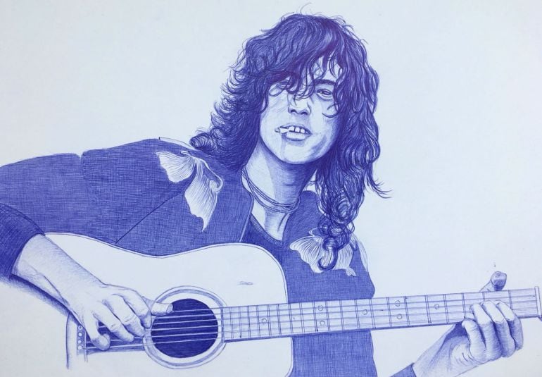 Jimmy Page, guitarrista de Led Zeppelin, en una ilustración realizada a bolígrafo para Sofá Sonoro 