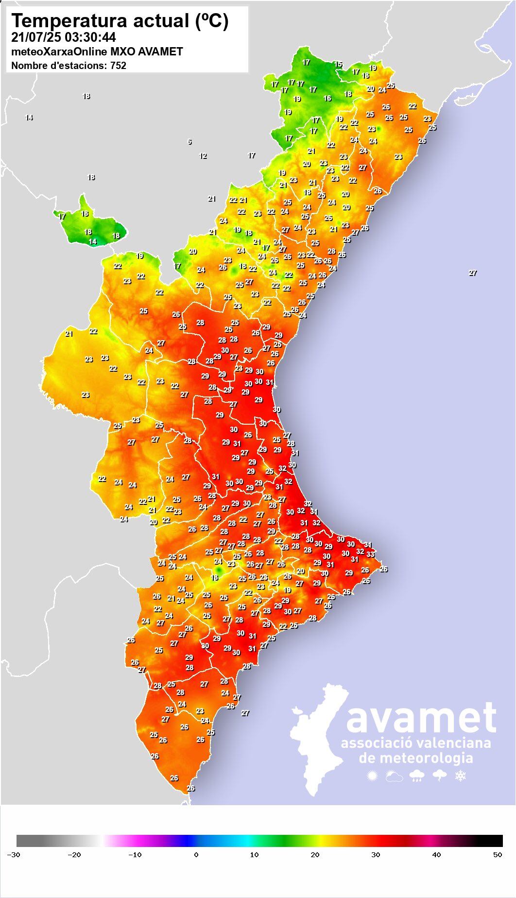 Mapa de registros termométricos en la noche del domingo al lunes. Fuente: AVAMET