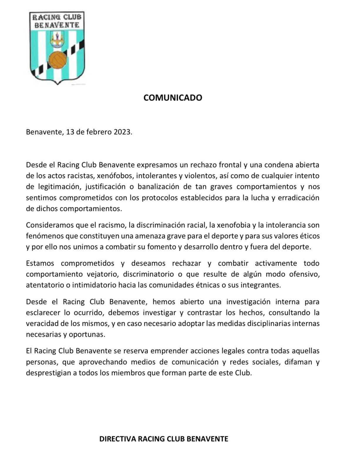 Comunicado del Racing Benavente