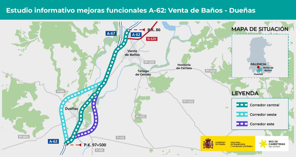 Transportes aprueba el estudio informativo para mejorar la capacidad y la funcionalidad de la A-62, entre Venta de Baños y Dueñas