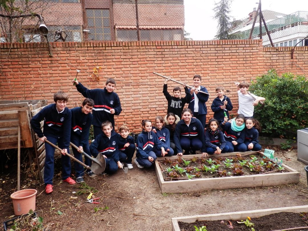 Los alumnos del colegio Corpus Christi en su huerto.