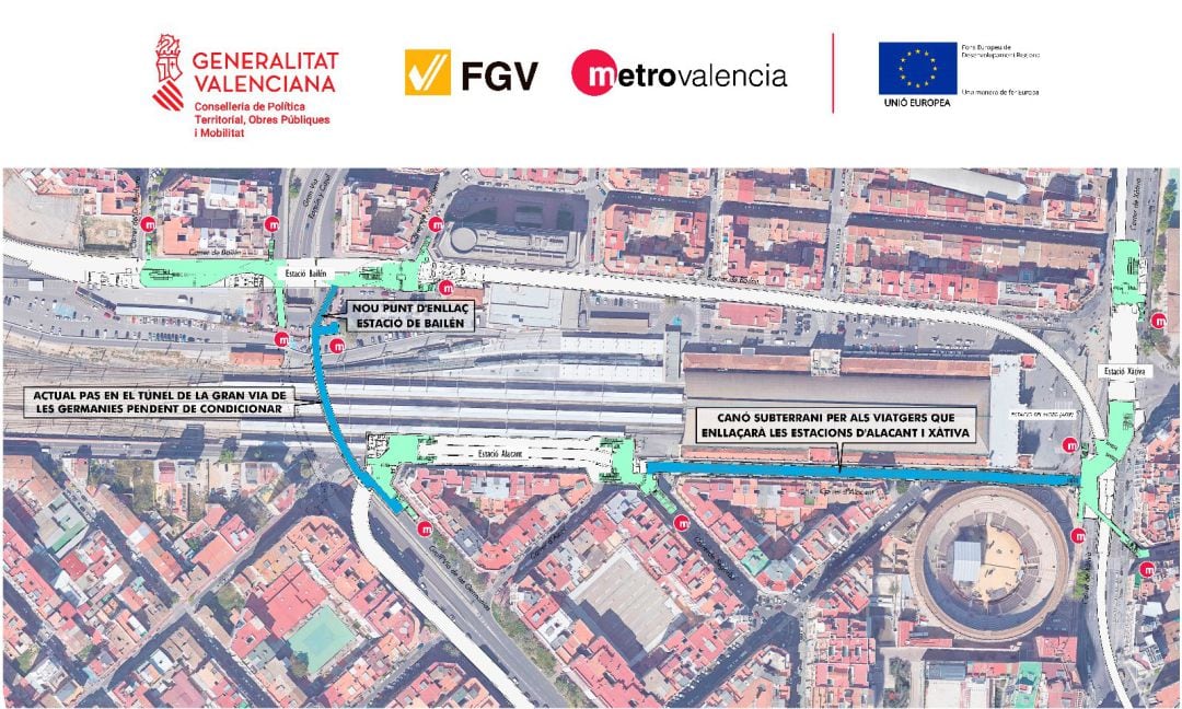 La Generalitat conectará peatonalmente la futura estación de Alacant con las de Xàtiva y Bailén para integrar la Línea 10 en la red de Metrovalencia