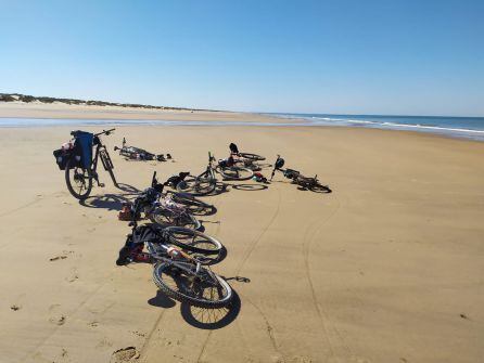 Las bicicletas de Plastic Free Tour descansan a orillas de la playa.