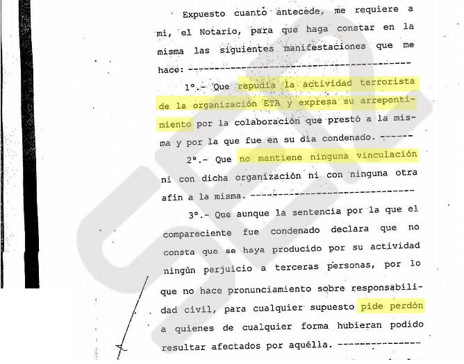 Es la primera vez que un etarra acude a un notario para levantar un acta de manifestaciones en la que consta su repudio a la violencia terrorista, su ruptura con ETA, su arrepentimiento y la petición de perdón