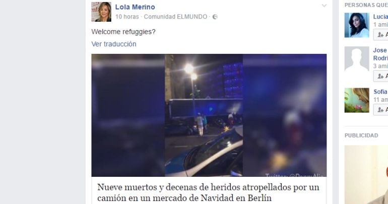 Captura de pantalla de la cuenta personal de Facebook de Lola Merino