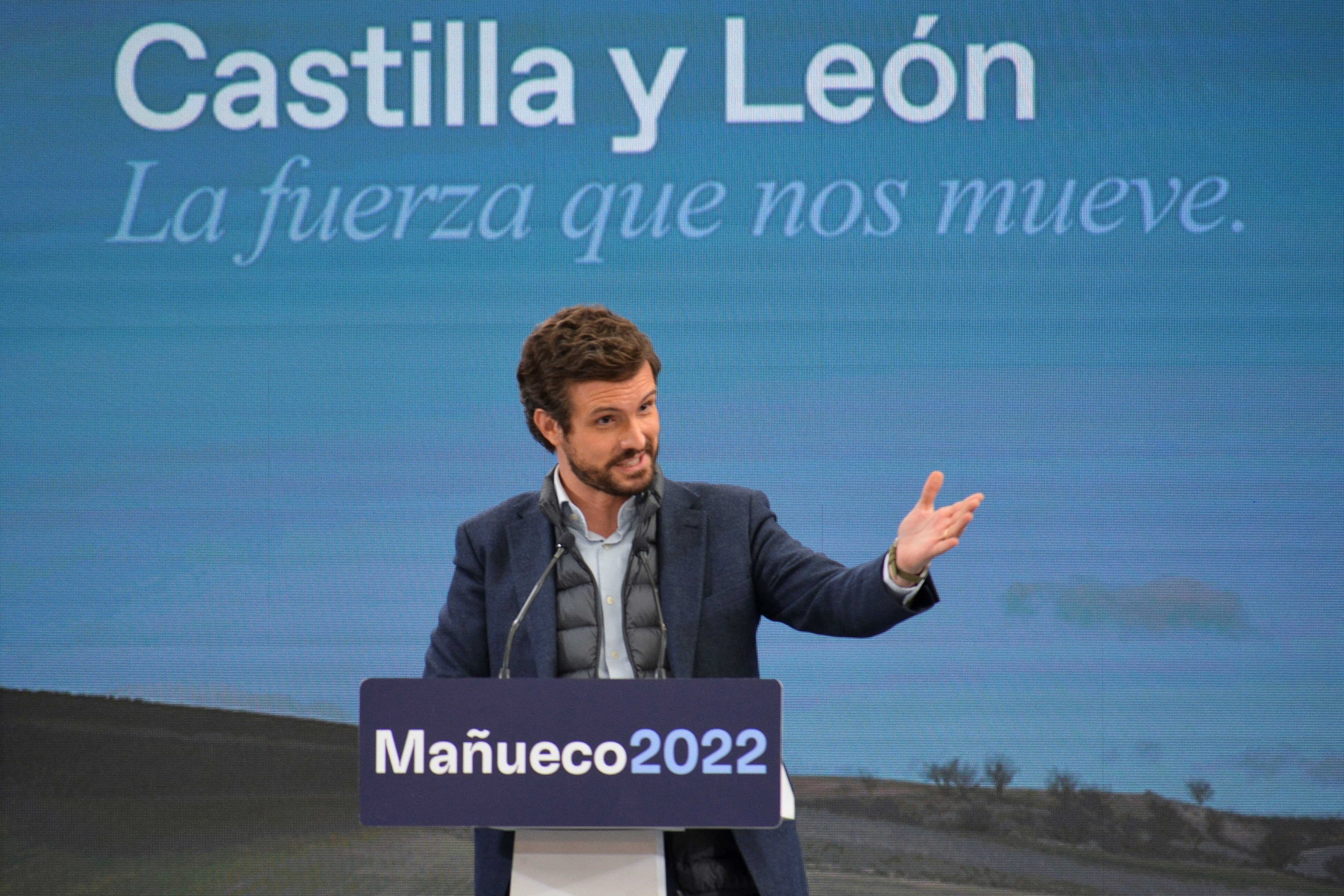 El presidente de PP, Pablo Casado participa este domingo en Palencia en un mitin con el candidato a la presidencia de la Junta de Castilla y León, Alfonso Fernández Mañueco.