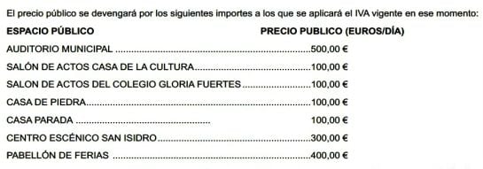 Tarifas por el uso de espacios públicos en Tarancón